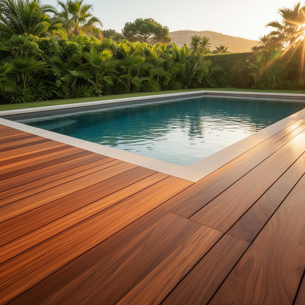 Tarima de madera natural junto a piscina