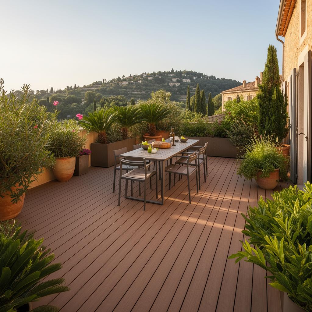 Terraza con tarima de composite exterior y vegetación